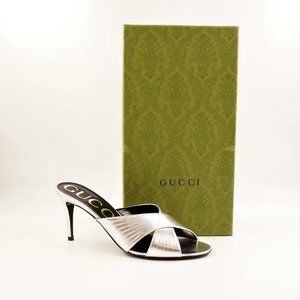 New In Box Gucci 80mm Metallic-Finish Leather Sandals In Women's Size EU 38.5